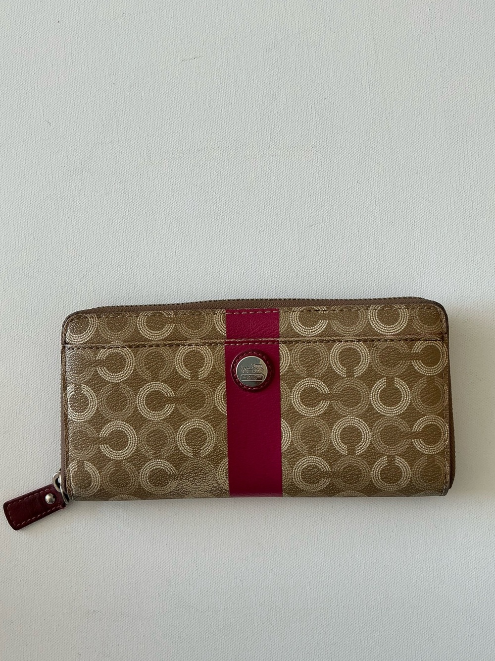 Coach Signature Stripe PVC Zip Around Wallet Khaki & Magenta